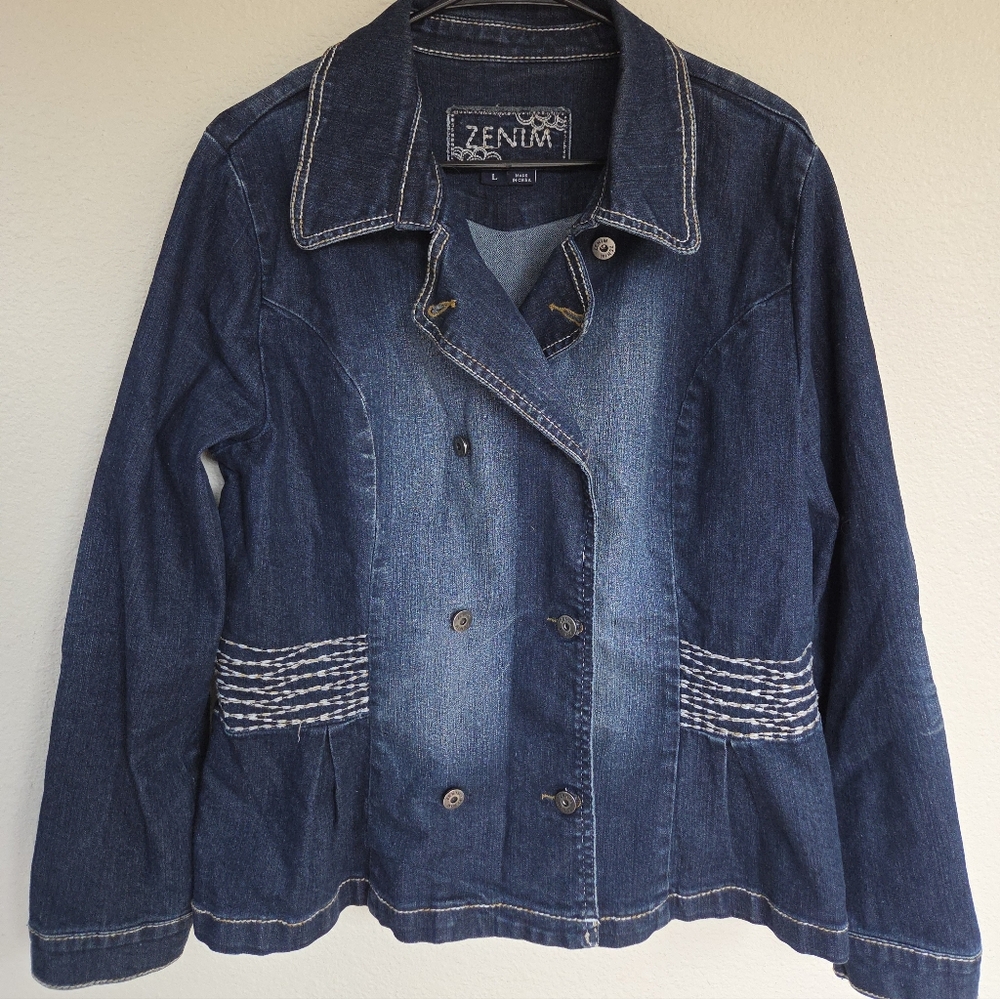 Zenim Women's Dark Blue Double-Breasted Denim Jacket